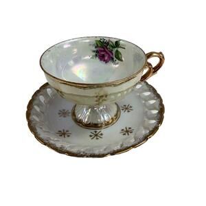 ❤️SOLD❤️Vintage Victoria Ceramics  Cup&Saucer Lusterware Gold Trim Light Blue